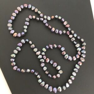 Vintage Black Pearl Necklace Hand Knotted Iridescent Peacock Purple